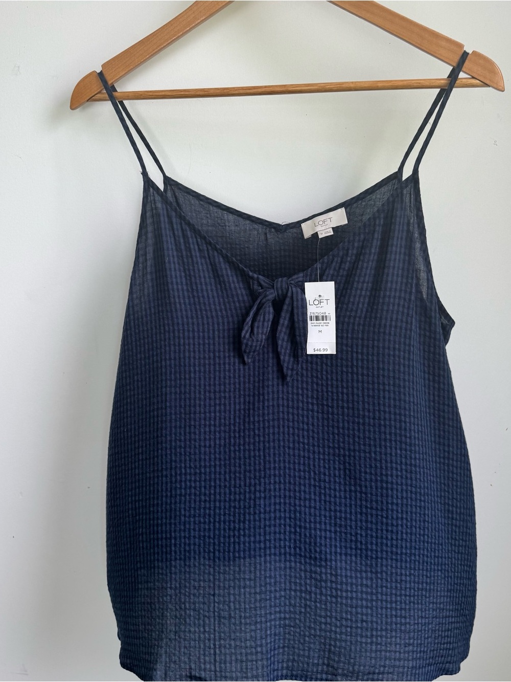 NWT LOFT Outlet Navy Blue Gingham Tie Front Cami Tank Top Size Medium